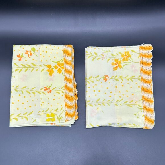 Vintage Floral Pillowcases Yellow Orange Crochet Lace Trim 1970s Standard Flower - Picture 2 of 8